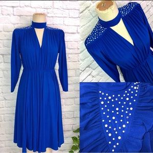80s Vintage Royal Blue Keyhole Pearl Shoulder Prom Dress